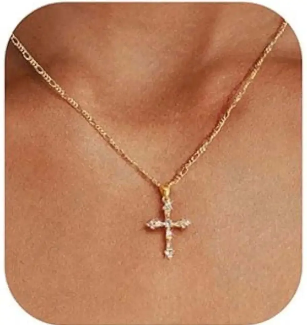 Luckfairy 14K Gold Plated Small Dainty CZ Cross‎ Pendant Necklace